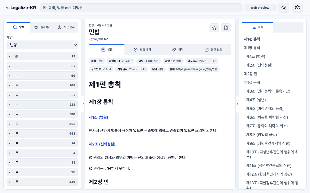 Legalize-KR Viewer 민법 문서 확인 화면